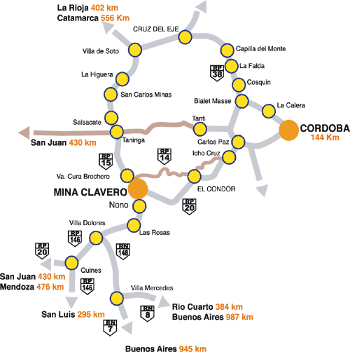 Mapa de accesos y rutas a Mina Clavero