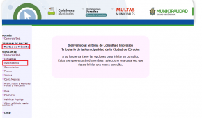 Bienvenida al sistema de consultas de multas de tránsito y cedulones de pago de la Municipalidad de Córdoba. Selección de consultas de multas o cedulones del automotor