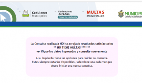 Sitio web de la Municipalidad de Córdoba. Mensaje del sistema de consultas de multas de tránsito de Córdoba capital en caso de no registrarse actas