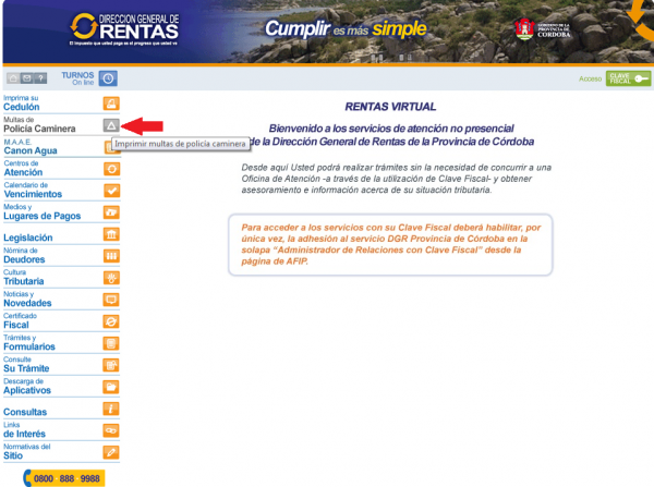 Sitio web de la Dirección General de Rentas Córdoba.