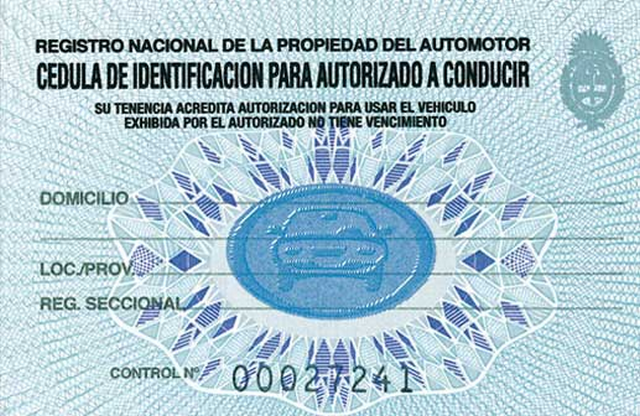 Formato tipo de la cédula azul que entrega la Dirección Nacional del Registro de la Propiedad del Automotor