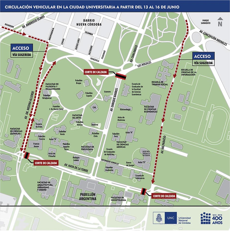 Cortes de calles y caminos alternativos en Ciudad Universitaria. (Mapa: UNC)