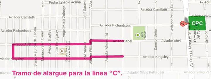 Ampliación de recorrido línea C de colectivos (Mapa: Municipalidad de Córdoba)