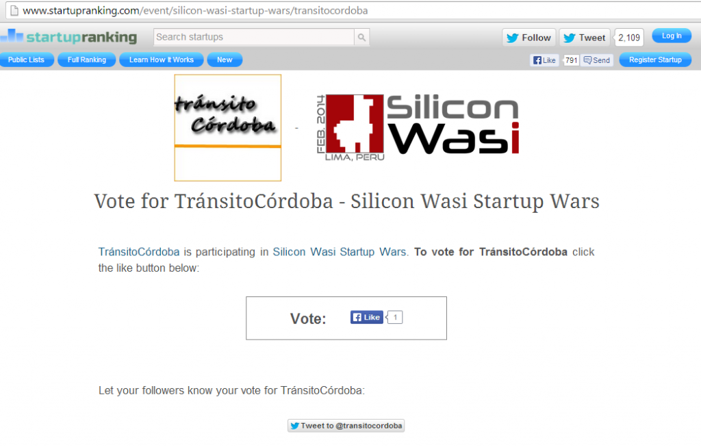Votacion transito Cordoba Silicon Wasi Startup Wars