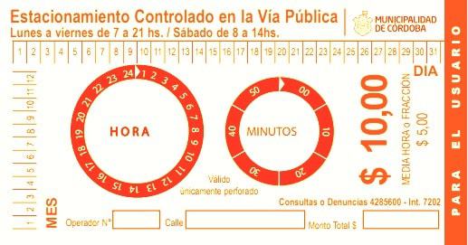 ticket oficial del estacionamiento regulado por tiempo en la ciudad de cordoba