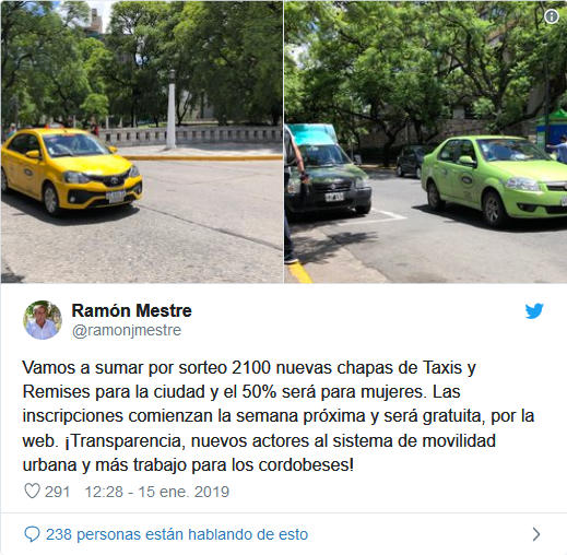 sorteo chapas taxi remis cordoba municipalidad twitter ramon mestre intendente